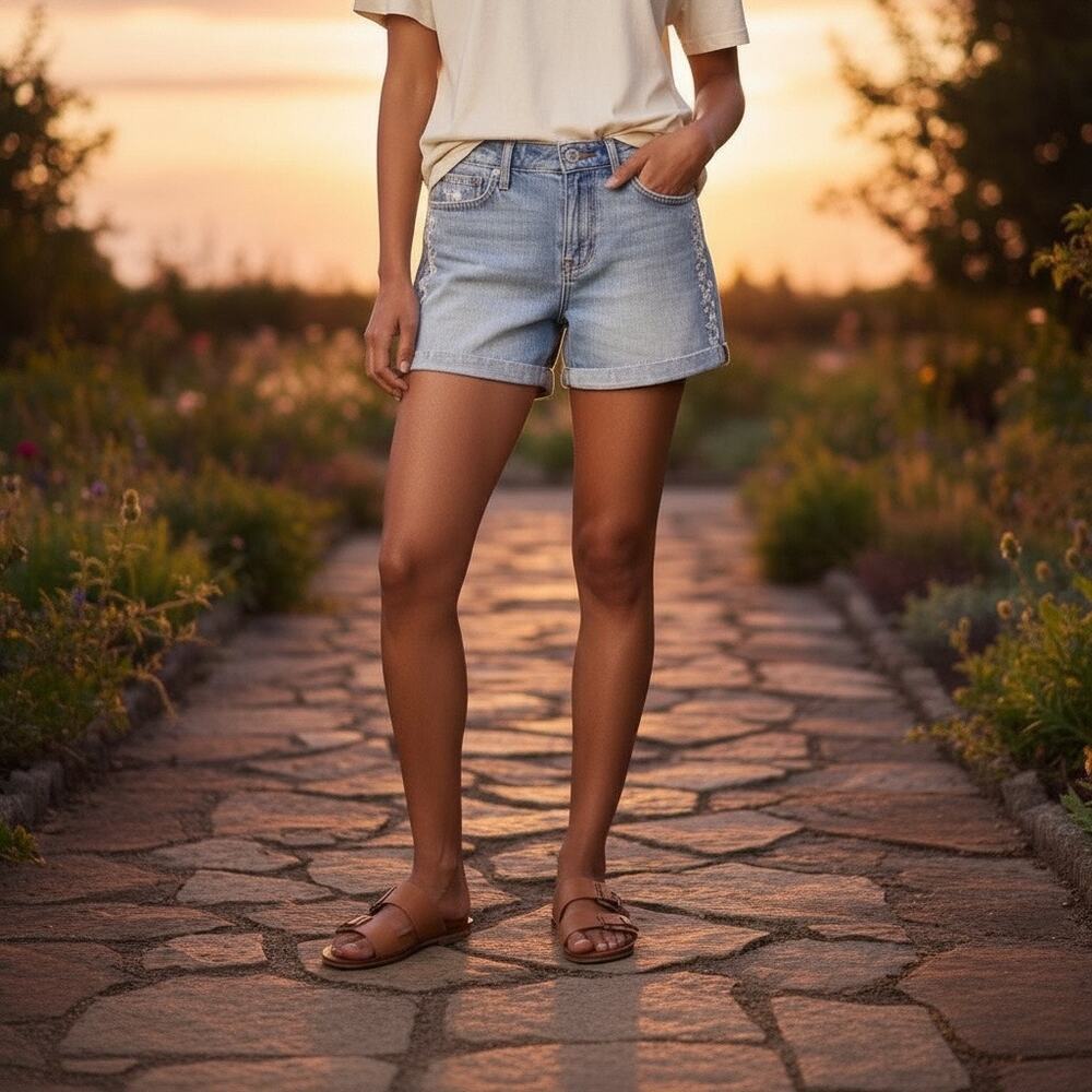 Lucky Brand Roll Up Embroidered Daisy Light-wash Mid-rise Denim Shorts sz 4